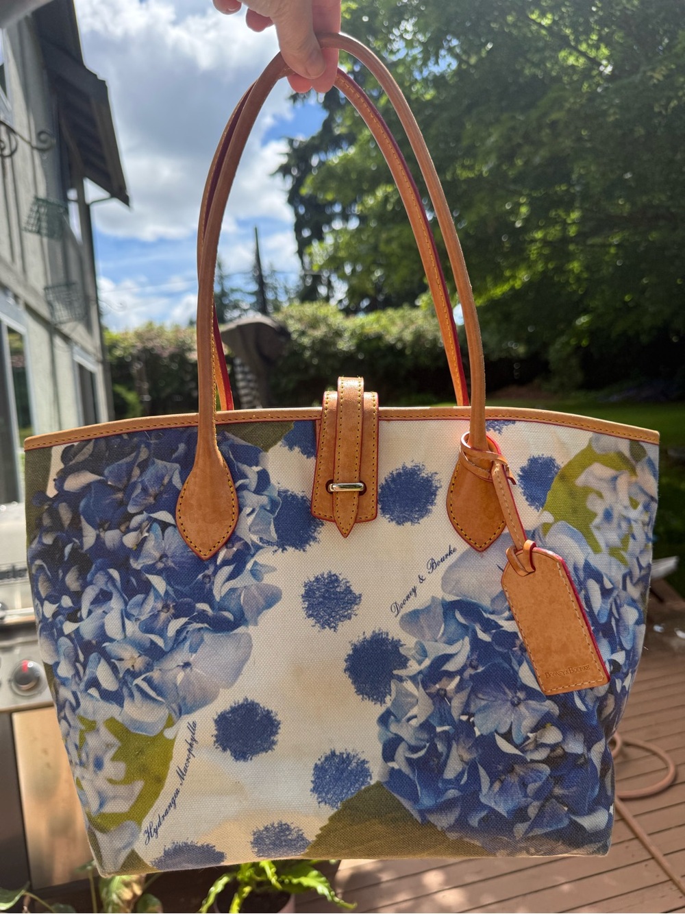 Dooney & Bourke Blue Floral Canvas Tote with Tan Leather Trim